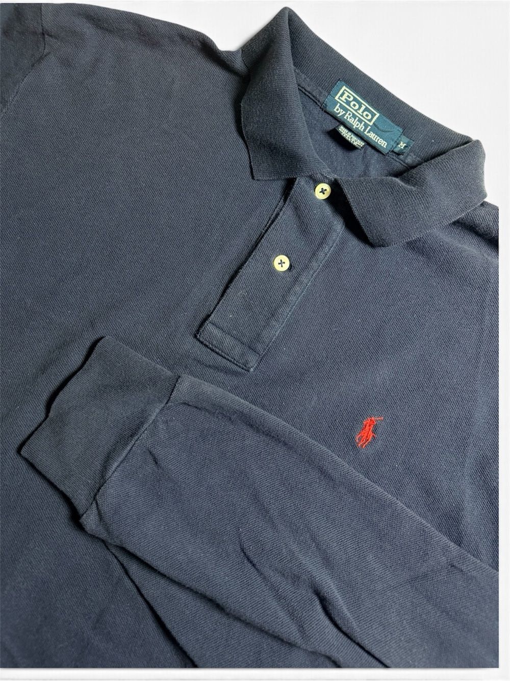 Vtg Polo Ralph Lauren Mens Long Sleeve Polo Shirt Size Medium Navy Blue Cotton